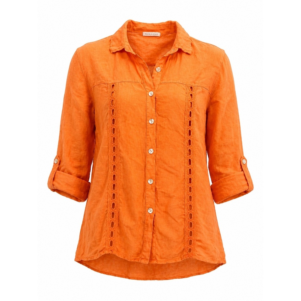 Made in Italy Orange 100% Linen Crochet Eyelet Lace Button Up Shirt 3/4 Sleeve